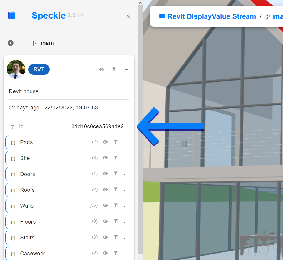 screenshot of the property panel of a Speckle commit,> highlighting the object ID of the selected (root) object